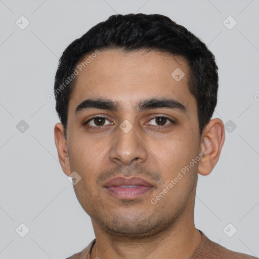 Neutral latino young-adult male with short  black hair and brown eyes