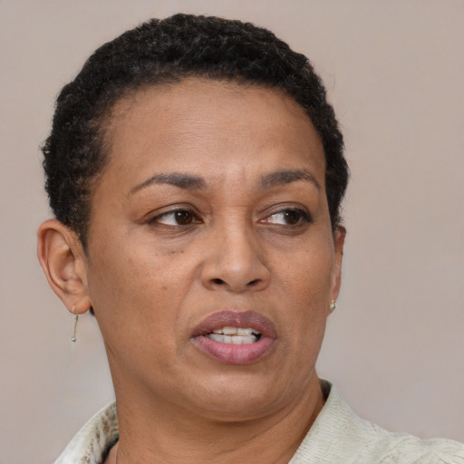 Joyful latino adult female with short  brown hair and brown eyes