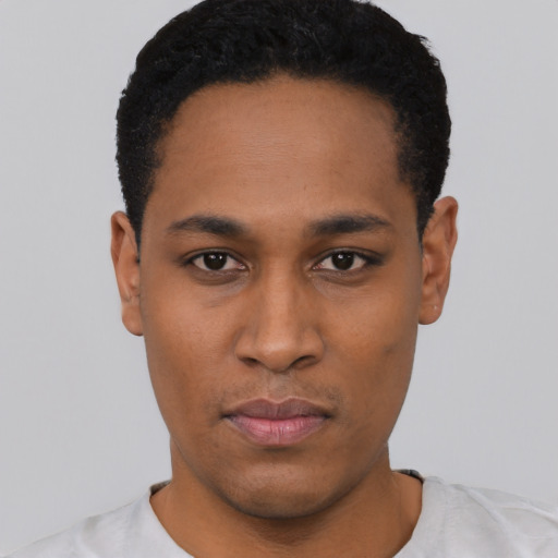 Neutral black young-adult male with short  black hair and brown eyes