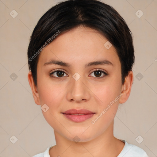 Joyful white young-adult female with short  brown hair and brown eyes