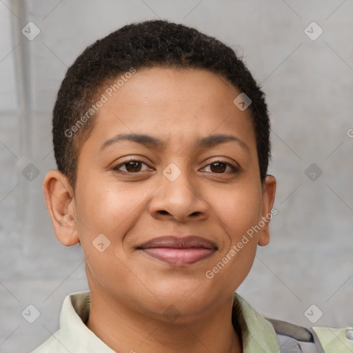 Joyful latino young-adult female with short  brown hair and brown eyes