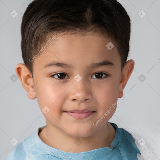 Joyful white child male with short  brown hair and brown eyes