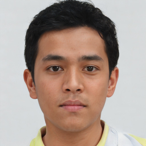 Neutral asian young-adult male with short  brown hair and brown eyes