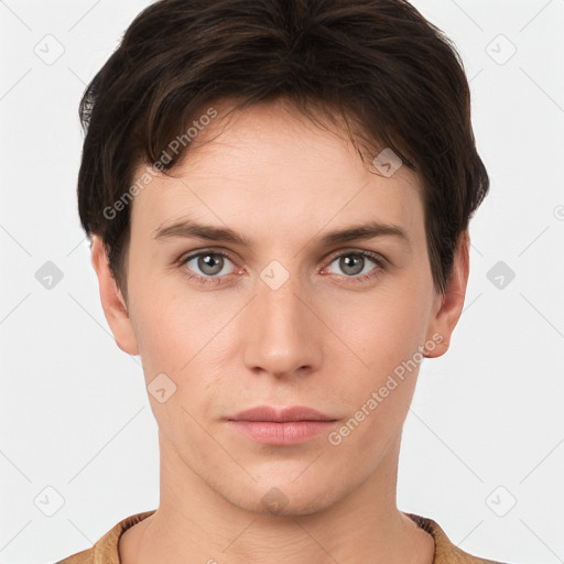 Neutral white young-adult male with short  brown hair and brown eyes