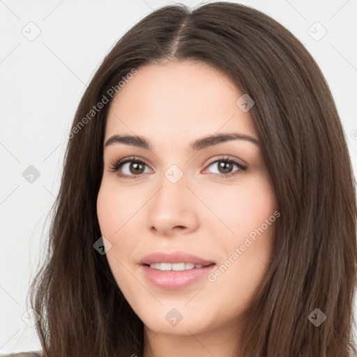 Neutral white young-adult female with long  brown hair and brown eyes