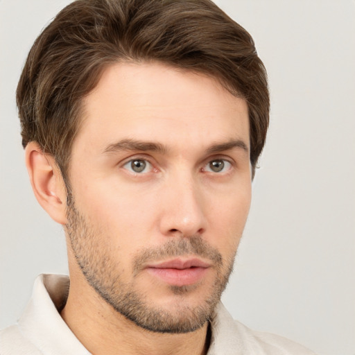 Neutral white young-adult male with short  brown hair and brown eyes