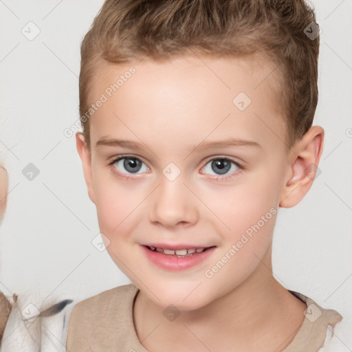 Joyful white child female with short  brown hair and brown eyes