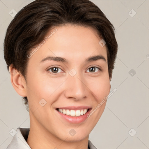 Joyful white young-adult female with short  brown hair and brown eyes