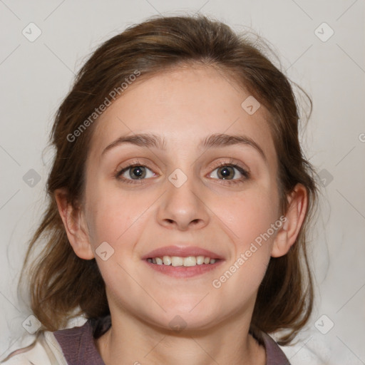 Joyful white young-adult female with medium  brown hair and blue eyes