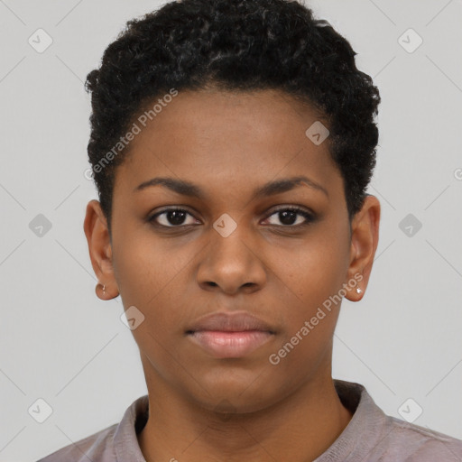 Neutral black young-adult female with short  black hair and brown eyes