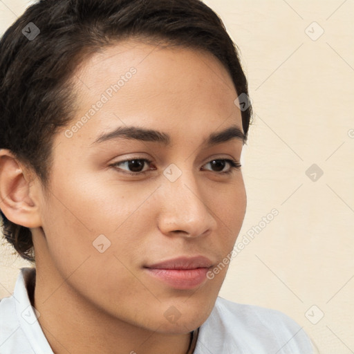 Neutral white young-adult female with short  brown hair and brown eyes