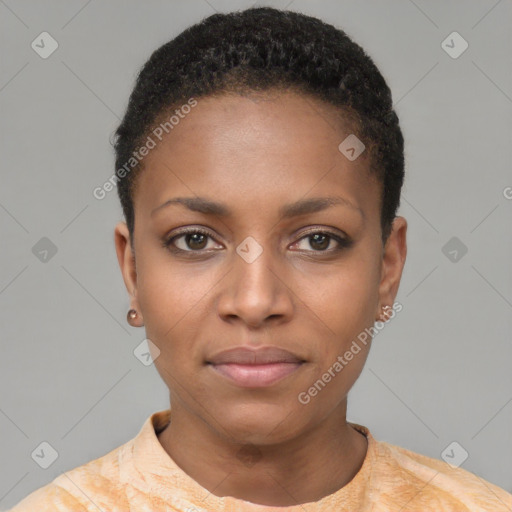 Neutral black young-adult female with short  brown hair and brown eyes