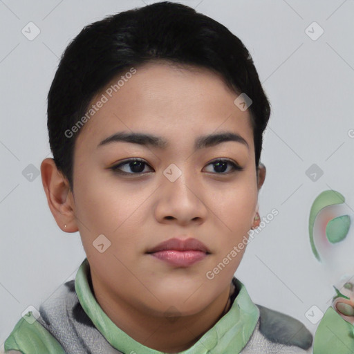 Neutral asian young-adult female with short  black hair and brown eyes