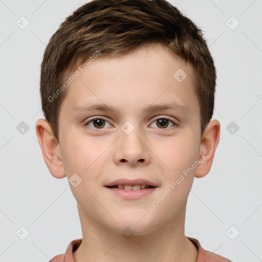 Joyful white child male with short  brown hair and brown eyes