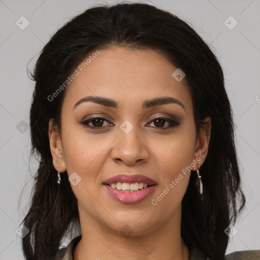 Joyful latino young-adult female with medium  brown hair and brown eyes