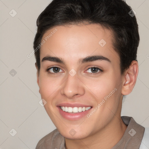 Joyful white young-adult female with short  brown hair and brown eyes