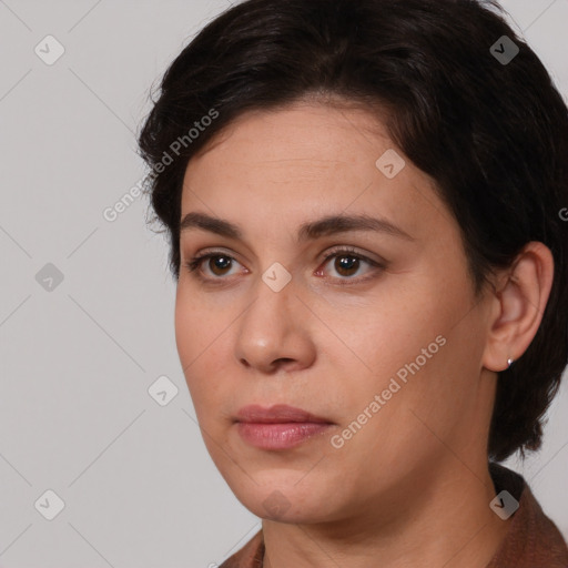 Neutral white young-adult female with medium  brown hair and brown eyes