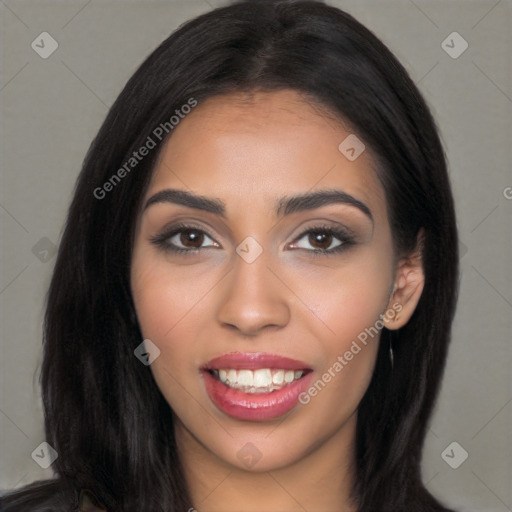 Joyful white young-adult female with long  black hair and brown eyes