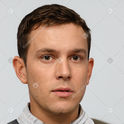 Neutral white young-adult male with short  brown hair and brown eyes