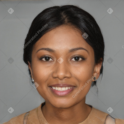 Joyful asian young-adult female with medium  black hair and brown eyes