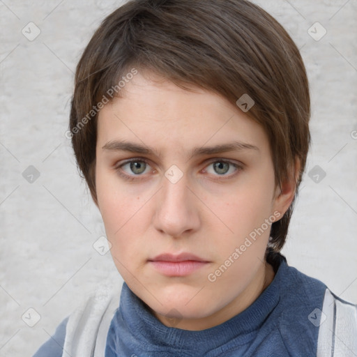 Neutral white young-adult female with medium  brown hair and blue eyes