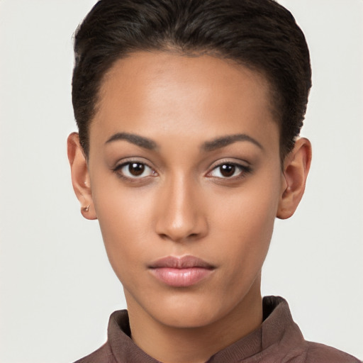 Neutral latino young-adult female with short  brown hair and brown eyes