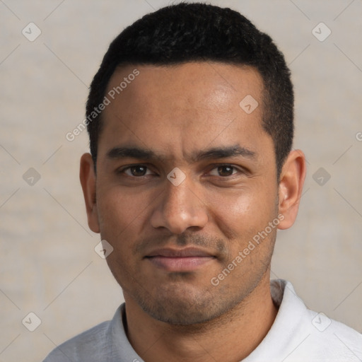 Neutral white young-adult male with short  black hair and brown eyes