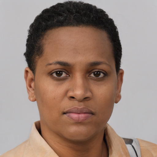 Joyful black young-adult female with short  brown hair and brown eyes