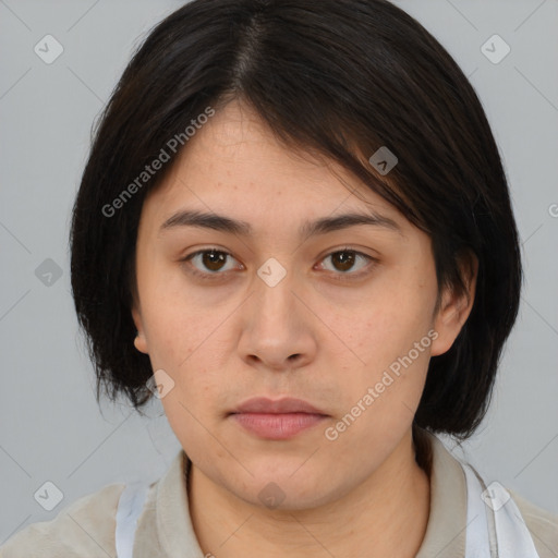 Neutral white young-adult female with medium  brown hair and brown eyes