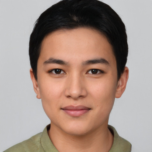 Neutral asian young-adult male with short  black hair and brown eyes