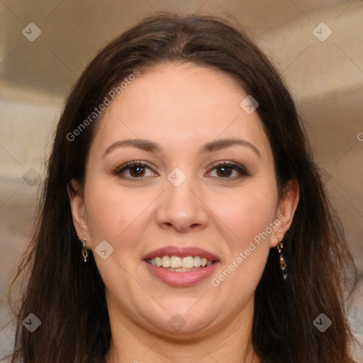 Joyful white adult female with long  brown hair and brown eyes