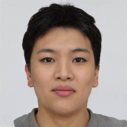 Neutral asian young-adult female with short  black hair and brown eyes