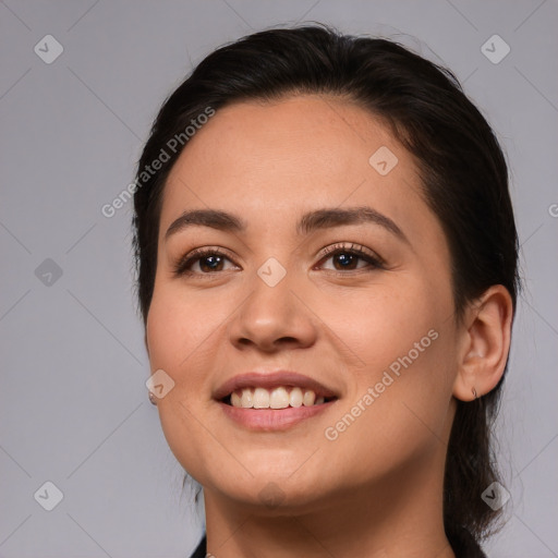 Joyful white young-adult female with medium  brown hair and brown eyes