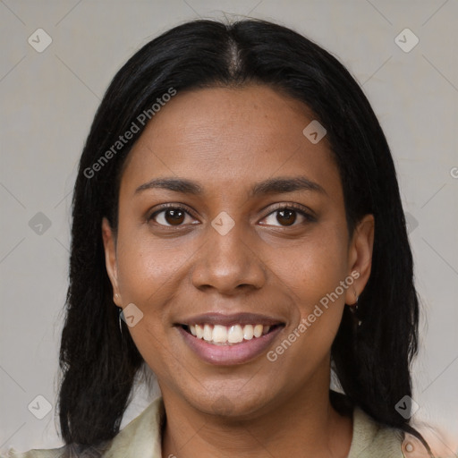 Joyful black young-adult female with medium  brown hair and brown eyes