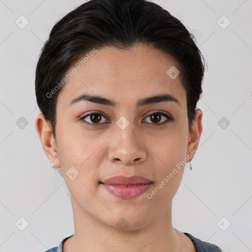 Joyful white young-adult female with short  brown hair and brown eyes