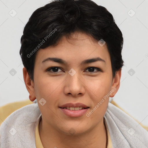 Joyful asian young-adult female with short  brown hair and brown eyes