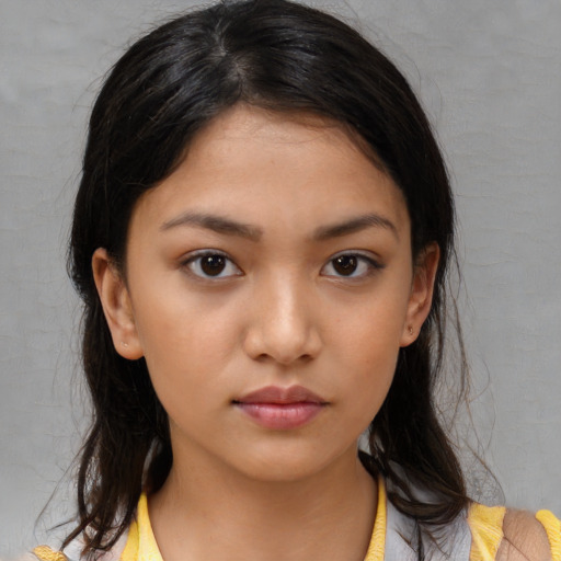 Neutral asian young-adult female with medium  brown hair and brown eyes
