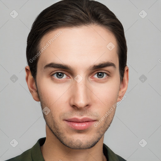 Neutral white young-adult male with short  brown hair and brown eyes