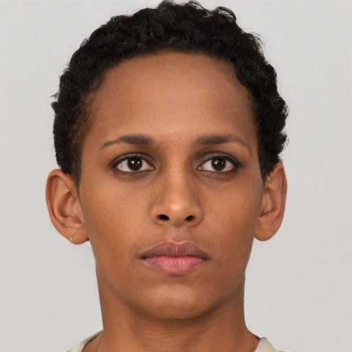 Neutral black young-adult female with short  brown hair and brown eyes