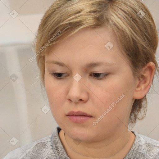 Neutral white young-adult female with short  brown hair and brown eyes