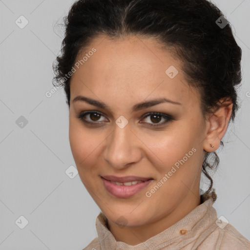 Joyful latino young-adult female with short  brown hair and brown eyes