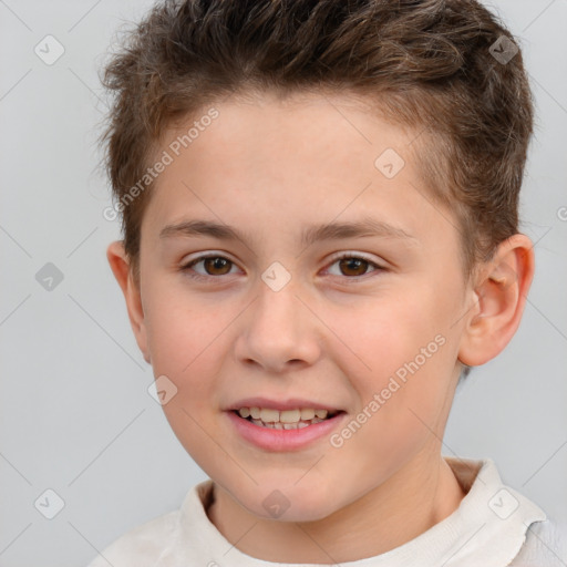 Joyful white child male with short  brown hair and brown eyes