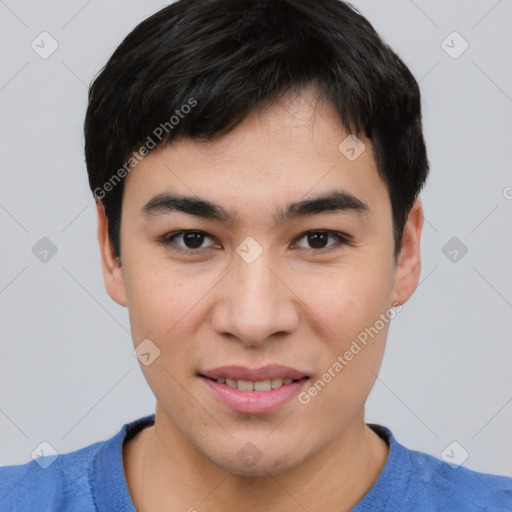 Joyful asian young-adult male with short  black hair and brown eyes