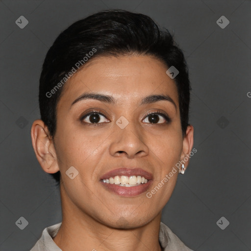 Joyful latino young-adult female with short  brown hair and brown eyes