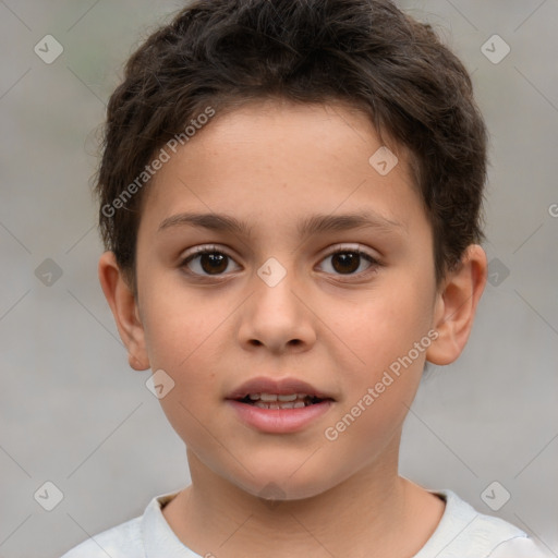 Joyful white child male with short  brown hair and brown eyes