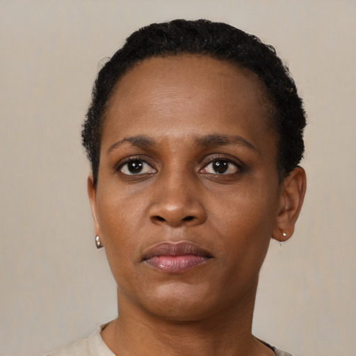 Neutral black young-adult female with short  black hair and brown eyes
