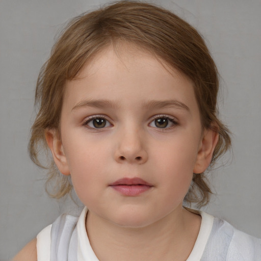 Neutral white child female with medium  brown hair and blue eyes