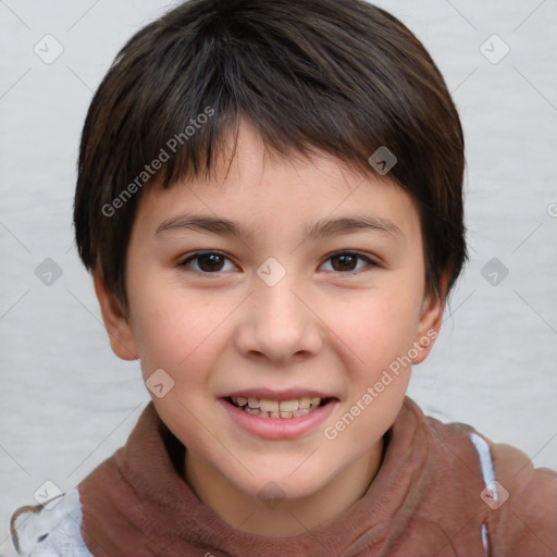 Joyful white child female with short  brown hair and brown eyes