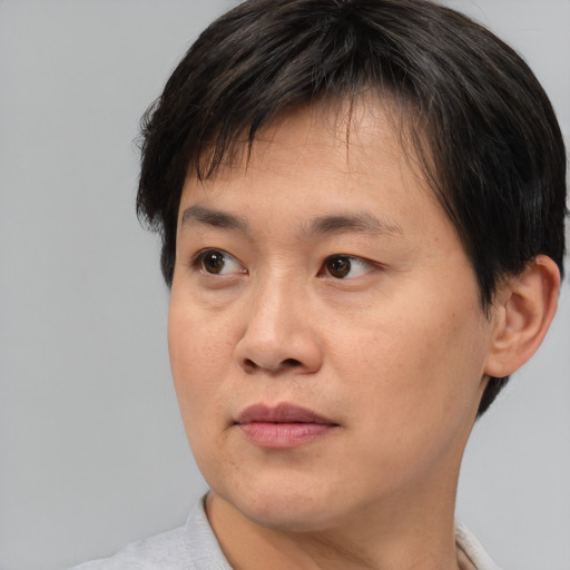 Joyful asian young-adult male with short  brown hair and brown eyes