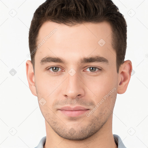 Neutral white young-adult male with short  brown hair and brown eyes